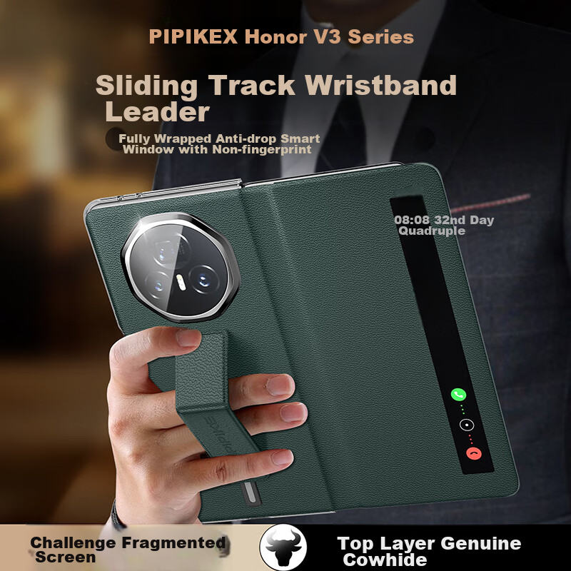 Pipi Jia [Drop-Resistant Wristband Style] Case for Honor Magic V3, Genuine Leather Foldable Screen Protective Cover, Ultra-Thin Shockproof Magnetic Flip Cover Smart View Window, Business Style, Tundra