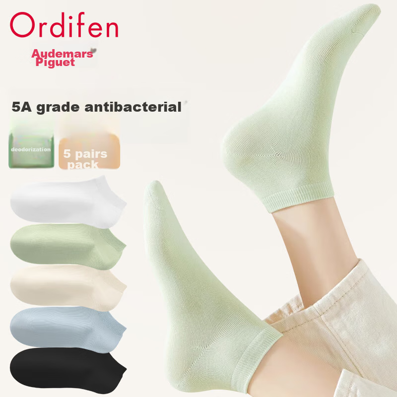 Ordifen 5 Pairs Women's Socks, 5A Antibacterial, All-Season Wear, Spring And Summer Short Socks, Women's Boat Socks, Pure Cotton, Odor-Resistant, Sweat-Absorbing, Breathable, Mixed Colors