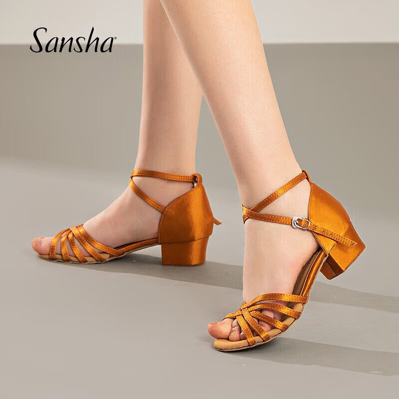 Sansha Children's Latin Dance Shoes, Ballroom Dance Rumba Cha-Cha Satin Low-Heel Dance Shoes BK13056S, Brown, Size 35