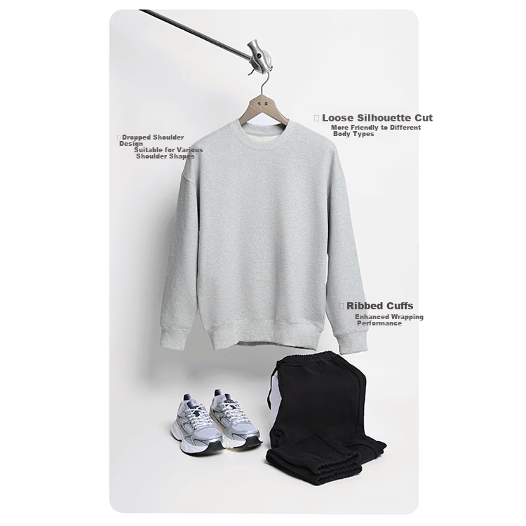Qijian Couple's Style, Solid Color, Loose Casual, All-Cotton Brushed, Round Neck, Pullover, Long-Sleeve Sweatshirt, Deep Rock Gray, M