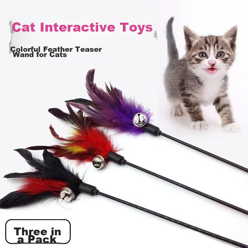 Youfanmeng Cat Toy Teaser Wand, Kitten Feather Bell, Three Pieces Self-Entertaining Device, Pet Teaser Wand, Elastic Long Pole