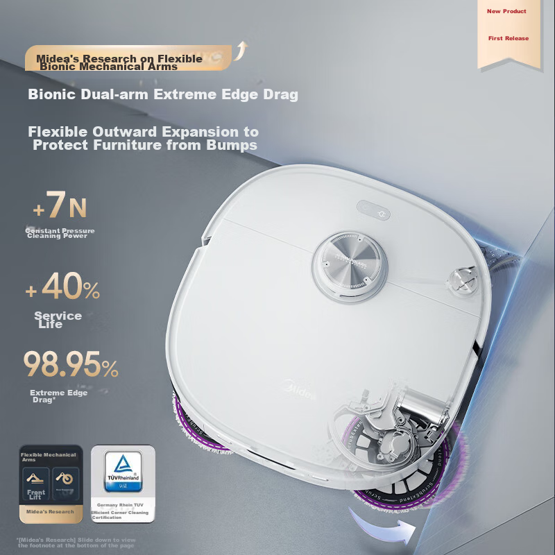 Midea Robot Vacuum Cleaner Lingmou V15 Pro, Polar White, All-In Automatic Cleaning, Automatic Cleaning And Drying, Hot Water Wash, Large Suction Power, AI Intelligent Cleaning