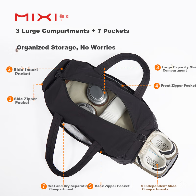 MiXi Large Capacity Travel Bag Women Hand-held Sports Fitness Bag Men Short-distance Business Trip Boarding Luggage Bag Dark Night Black