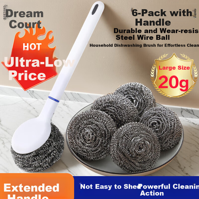 Mengting Stainless Steel Wire Scrubber Pot Scrubber with Handle, Long Handle Pot Brush with Handle + 6 Wire Scrubbers