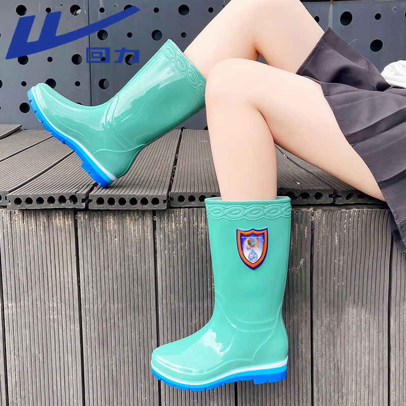 Warrior Rain Boots for Women, High-Top, Fashionable, Outdoor, Wear-Resistant, Non-Slip, Rubber Shoes, Waterproof, Long Boots, 03-1 Green, Size 37