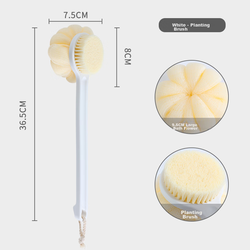 Grace Bath Brush, Long Handle, Soft Bristles, Back Scrubber, Exfoliating Tool, for Use with Scrubbing Cream, Back Brush - White