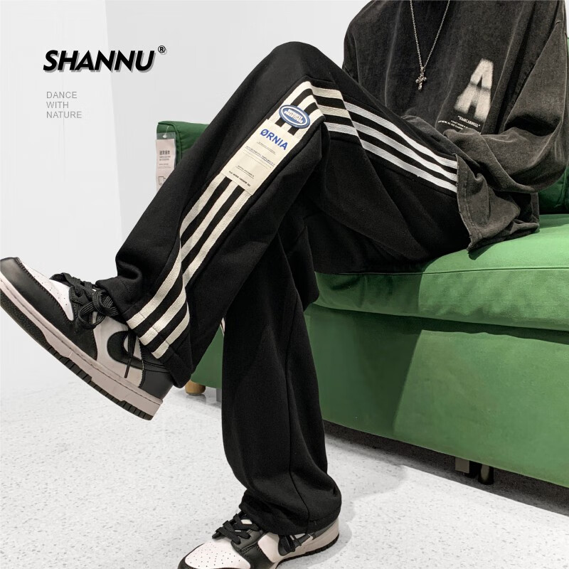 SHANNU Men's American Style Casual Sports Straight-leg Pants for Autumn and Winter High Street Black 3XL