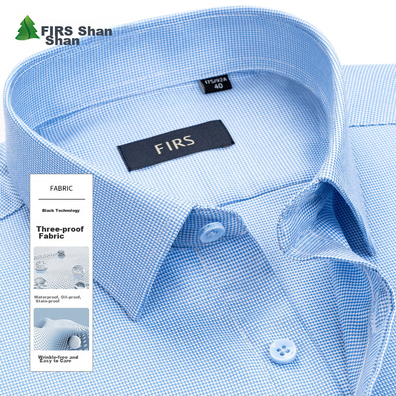FIRS Wrinkle-Resistant, Stain-Resistant, And Water-Repellent Non-Iron Long Sleeve Business Dress Shirt for Men, Professional Work Uniform Top, Blue Plaid, Size 40