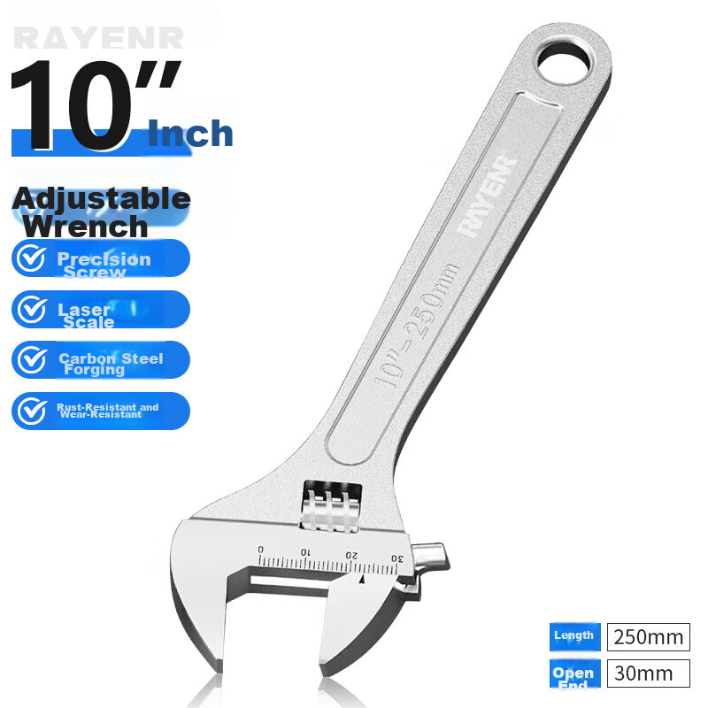 Ruineng Adjustable Wrench, 10-Inch Wide-Mouth Adjustable Wrench, Multifunctional Smooth Handle, Laser Scale Wrench, RN300103