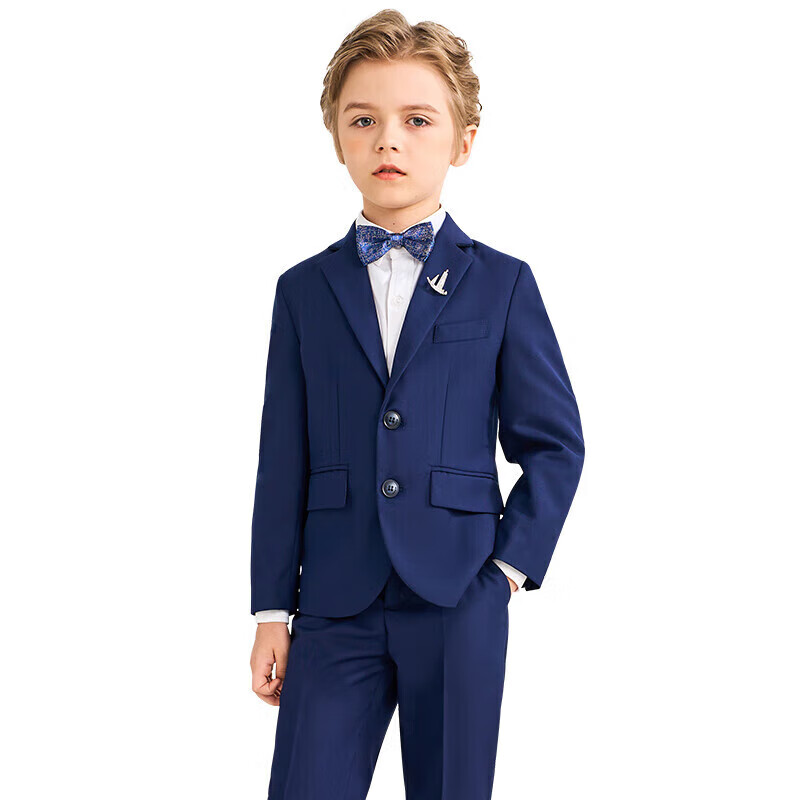 Luomeng Children's Suit Set, Handsome Boy Flower Boy Host Formal Wear, Boy Piano Performance Outfit, Navy Blue, Size 150