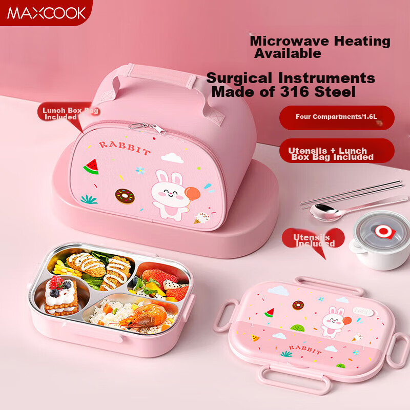 Maxcook 316 Stainless Steel Lunch Box, Microwave-Safe 4-Compartment Insulated Student Lunch Box with Utensils And Bag, Pink MCFT4078
