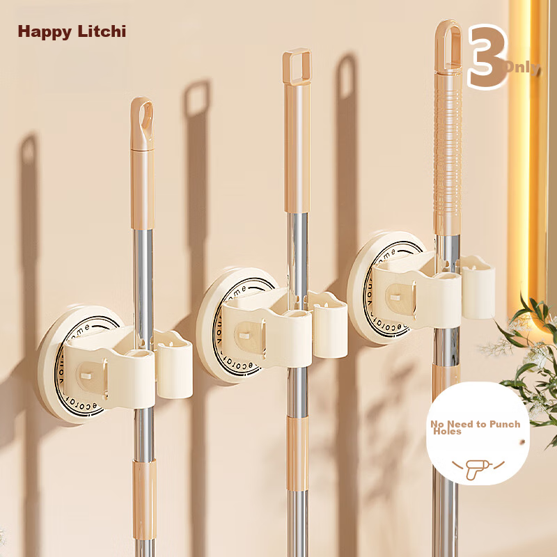 Leli Mop Hooks [3 Pieces], Bathroom No-Drill Storage Rack, Wall-Mounted Mop Clip, Towel Holder, Cleaning Tool