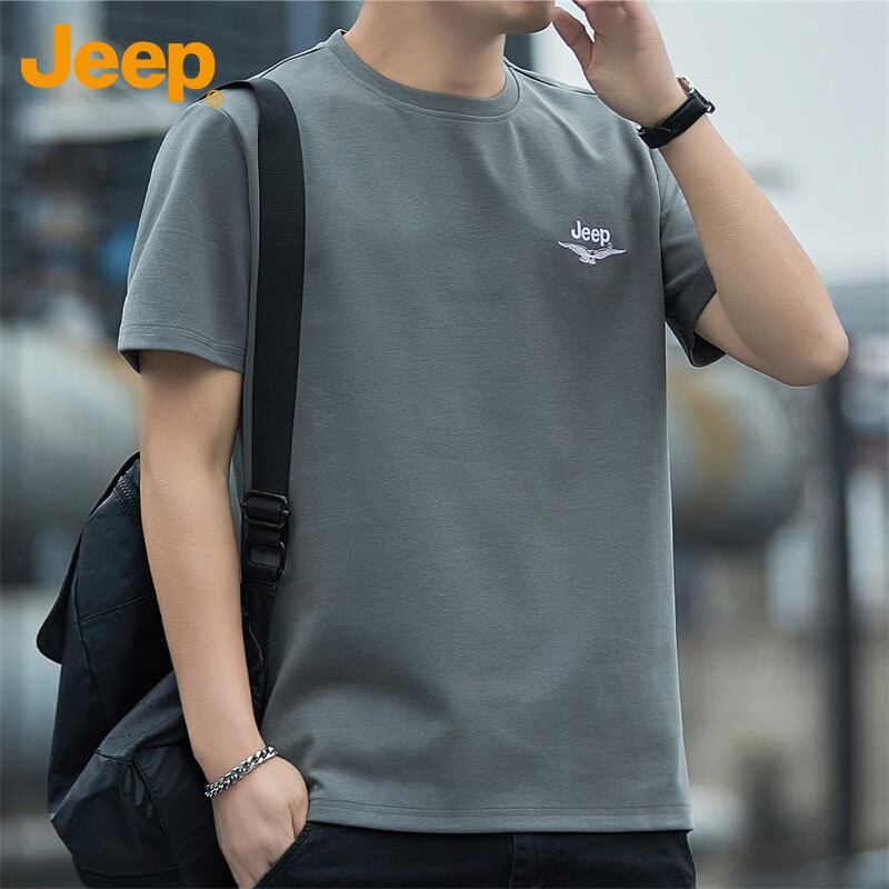 JEEP Men's Short Sleeve T-shirt Spring Summer Loose Cool Round Neck Casual Sports Breathable Clothing Men's Wear Grey 2XL