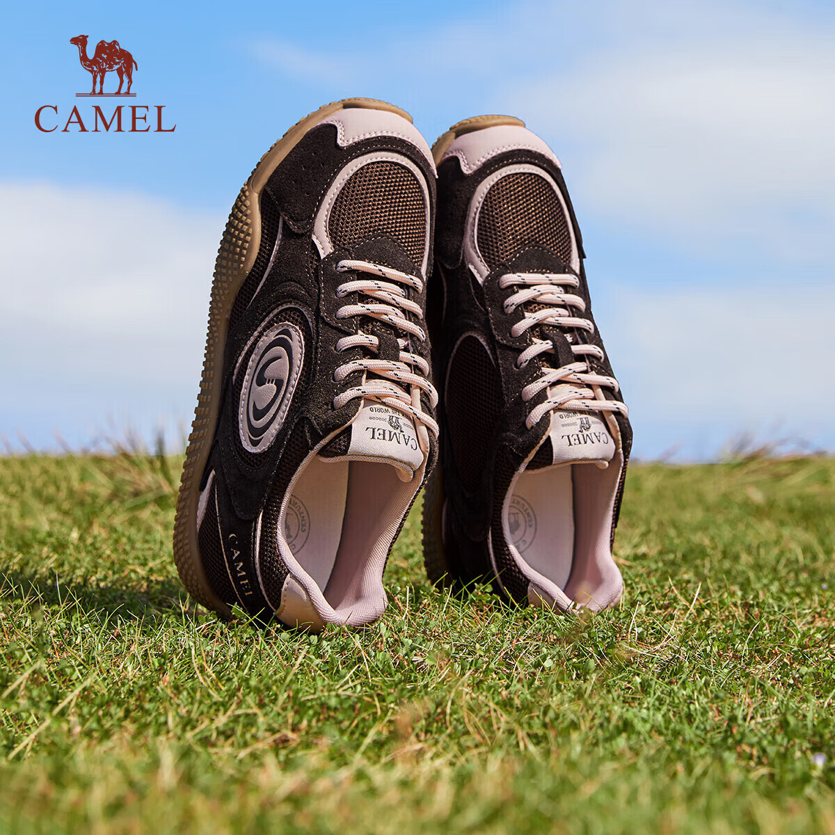 CAMEL Women's Crescent Moon Training Shoes, Casual Retro Mesh Sneakers L25S577059 Coffee/Pink Size 39