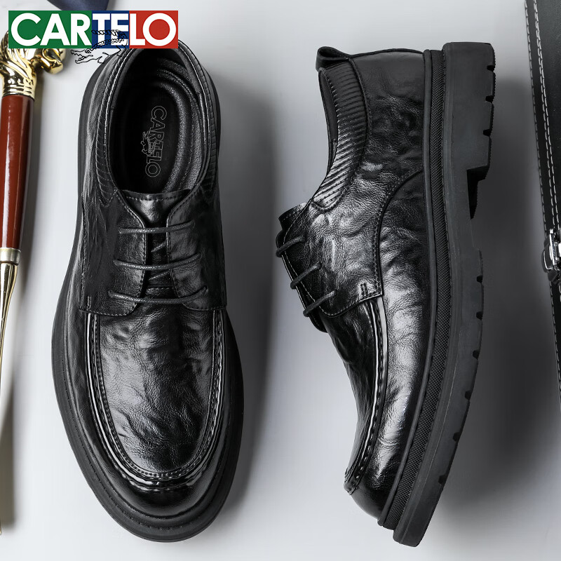 CARTELO Men's Handmade Leather Shoes Low-top Thick-soled Business Soft Cowhide Men's Casual Men's Wedding Shoes 9695 Black Size 44