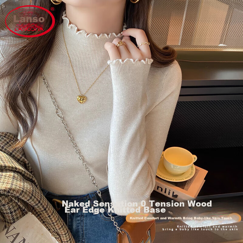 Langsha Langsha Knitted Lace Trim Base Shirt for Women [2024 Spring New Arrival], Chanel-Style Inner Layer Sweater Base Top