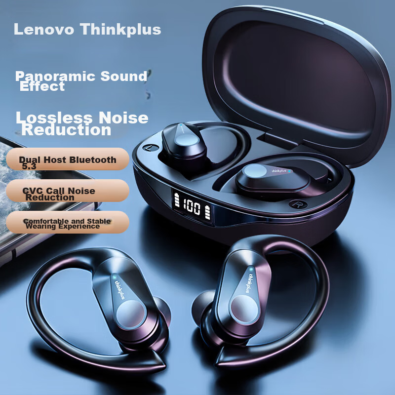 Lenovo [2025 Professional Sports Edition] True Wireless Bluetooth Sports Earbuds, Noise-Cancelling, for Running And Cycling, In-Ear, Waterproof, Clip-On, Bone Conduction, Concept Thinkplus LP75 Black