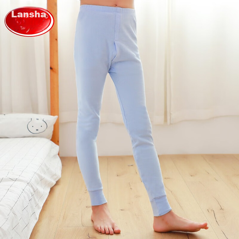 Langsha Children's Autumn Long Johns, Boys' Pure Cotton Single-Piece Children's Underpants, Mid to Big Kids' Cotton Pants, Thin Warm Trousers, Blue, 140 (Recommended Height 130-140cm)