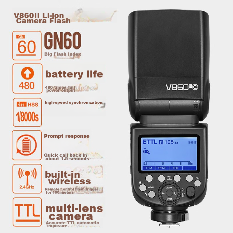 Sheniu V860III Third-Generation Hot Shoe Flash for Canon DSLR And Mirrorless Cameras, High-Speed Sync, Off-Camera TTL Automatic Metering, Lithium Battery Hot Shoe Flash