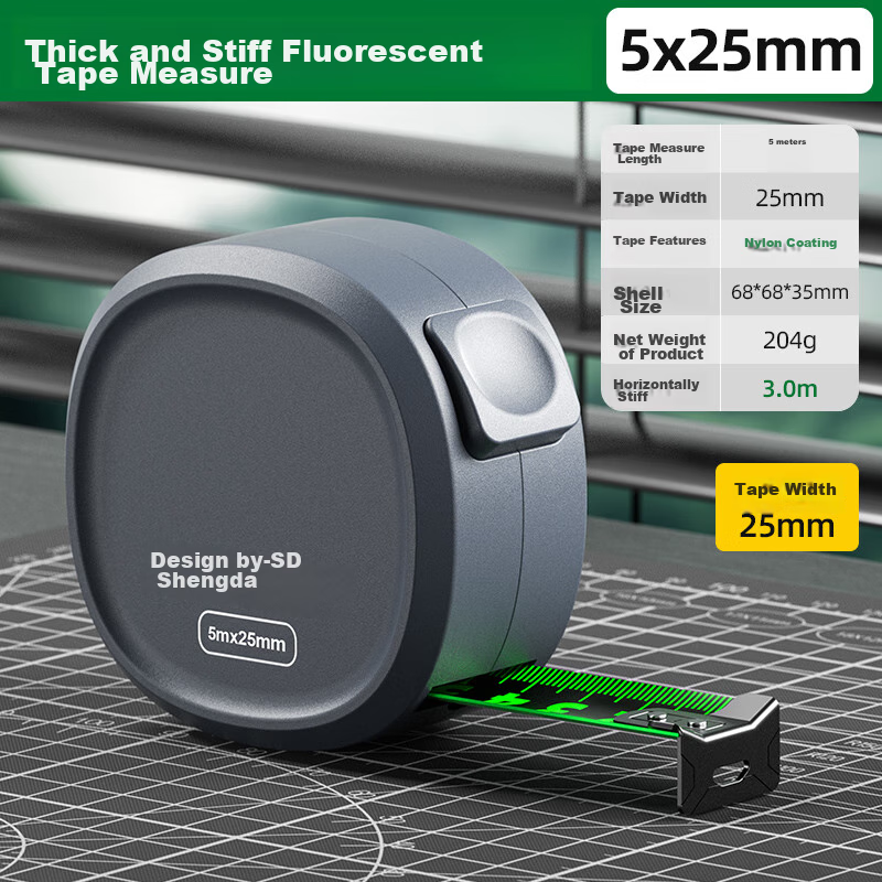 Shengda Fluorescent Self-Locking Steel Tape Measure, Carpenter's Ruler, Box Ruler, Renovation Measuring Retractable Ruler, High-Precision National Standard Grade, 5m*25mm