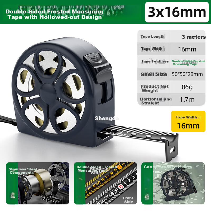 Shengda Stainless Steel Hollowed-out Tape Measure Designer Special 3m Steel Tape Measure Box Ruler Thickened 5m Household 3m*16mm