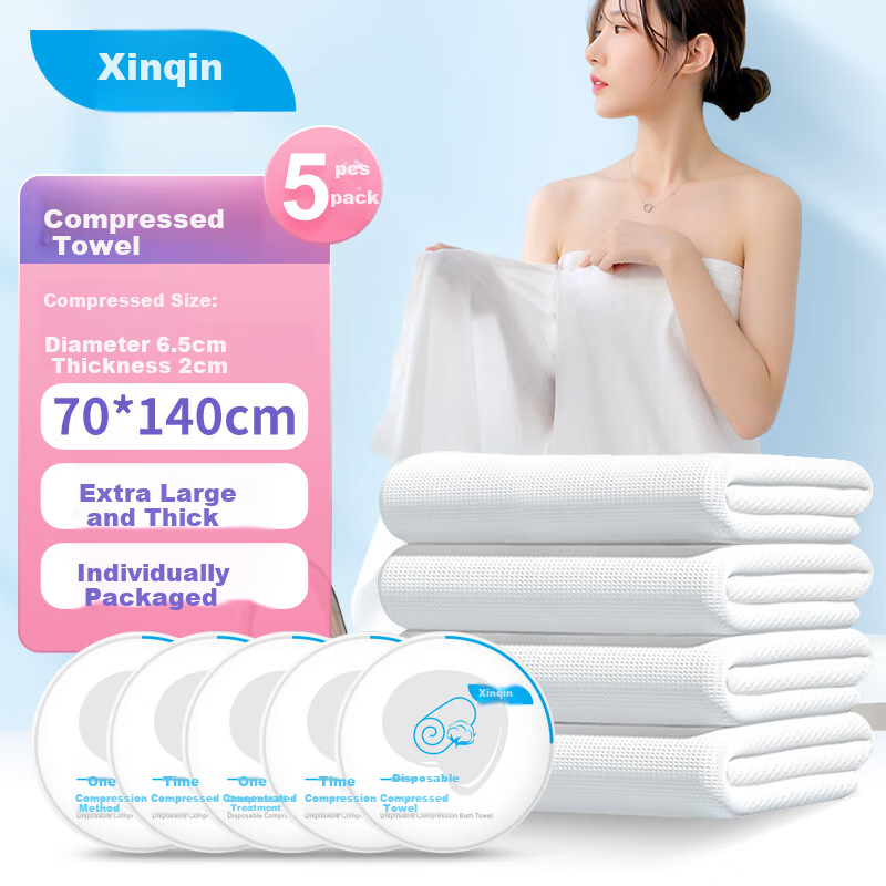Xinqin Disposable Compressed Bath Towels, Thickened And Enlarged, Large Size, Adult Portable Travel Towels, 5-Pack, 70x140cm