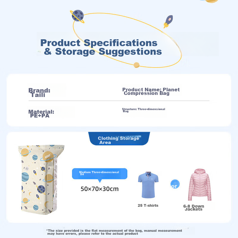 Taili Vacuum Compression Storage Bags, Clothes And Garment Organizer Packing Bags, Planet Style [4Dimensional]