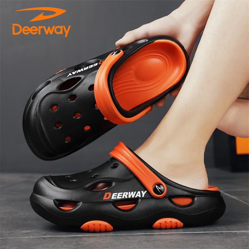 DEERWAY Men's Sandals 2025 Hollow Shoes Men's Breathable Slippers Dual-use Home Beach Shoes Black Orange 44-45