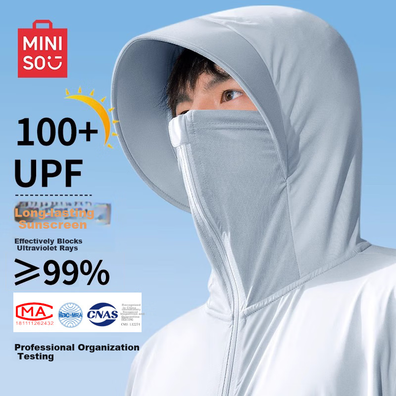 MINISO Sun Protection Clothing for Men, Summer Outdoor Sun Protection, Wide Brim, UPF100+, Ice Silk Cool-Touch Skin Clothing, Ice Mist Blue, L