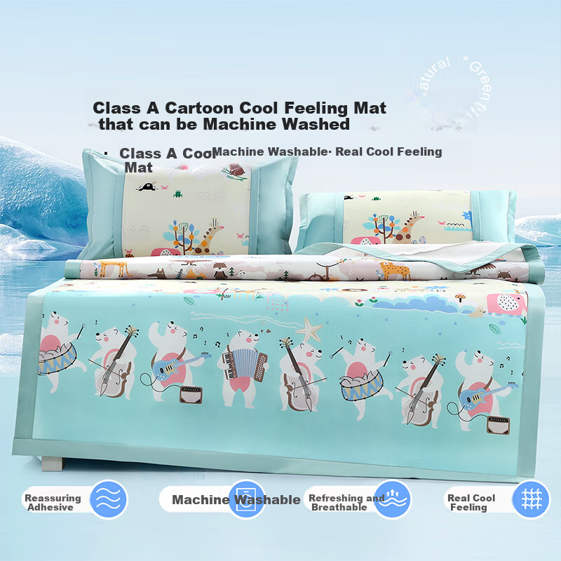 Fuanna Children's Class A Cooling Mat, Cool-Feeling Printed Soft Mat, Double-Size Three-Piece Set, Green, 1.5*2 Meters [Washable]