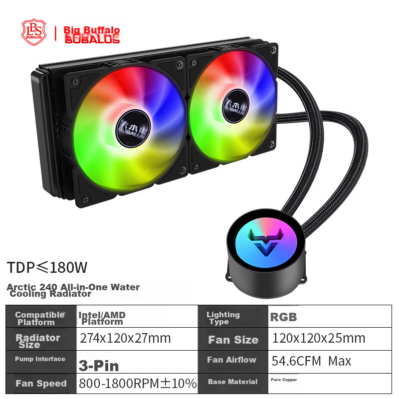 BUBALUS Hanzhen 240 All-In CPU Water Cooler (Multi-Platform, Compatible with Intel/AMD, Supports RGB Cooling Heads, PWM Intelligent Temperature Control, Computer Fan)
