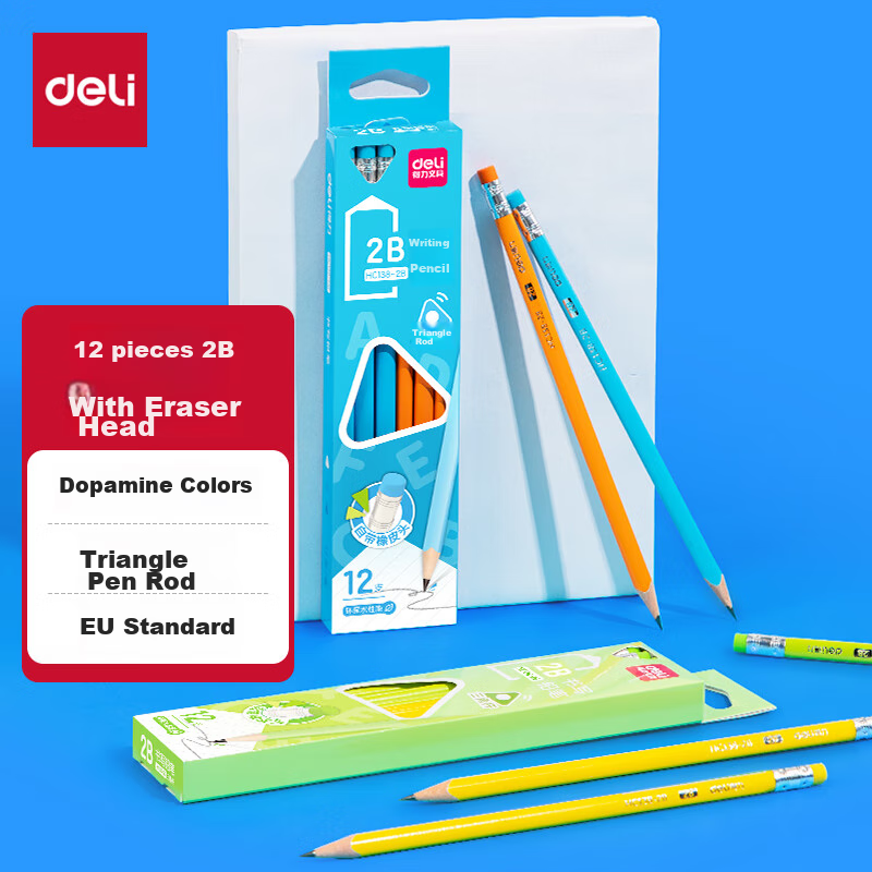 Deli 2B Triangular Leather-Tipped Writing Pencil HB (12 Pcs/box), Drawing Doodle Children's Posture-Correcting Pencil, Student Handwriting Practice Pencil, Gift HC138-2B [Christmas New Year Supplies]