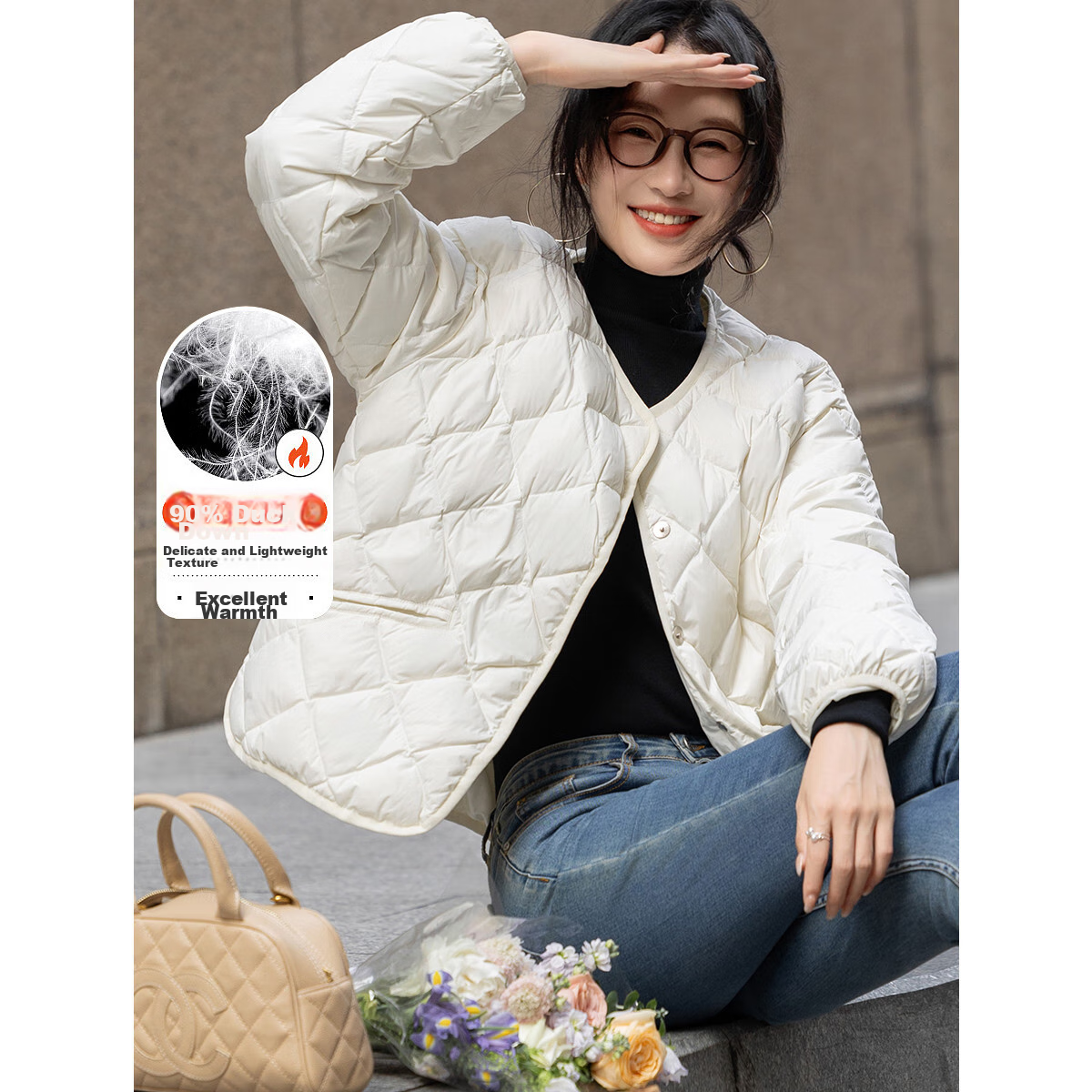 Demana [Light Luxury 90% Duck Down] Winter High Warmth Elegant Simple Long-Sleeve down Jacket Women's Coat, Cream White, 2XL