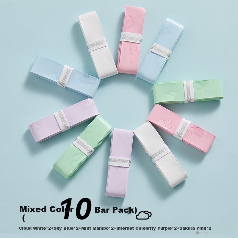 KAWASAKI Badminton Racket Grip Soft Sticky Shock Absorbing Anti-slip Sweatband Light Cloud Latex Mixed Color (Pack of 10)