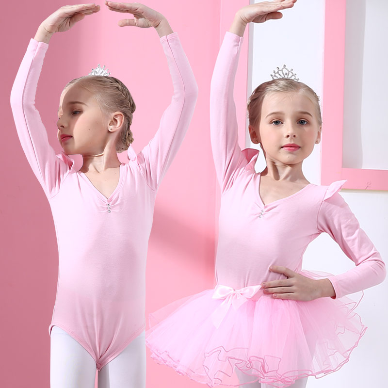 Chidong Children's Dance Costume, Girls' Practice Outfit, Autumn And Winter Long-Sleeve Exam Uniform, Separate Mesh Ballet Skirt, Pink, 4XL