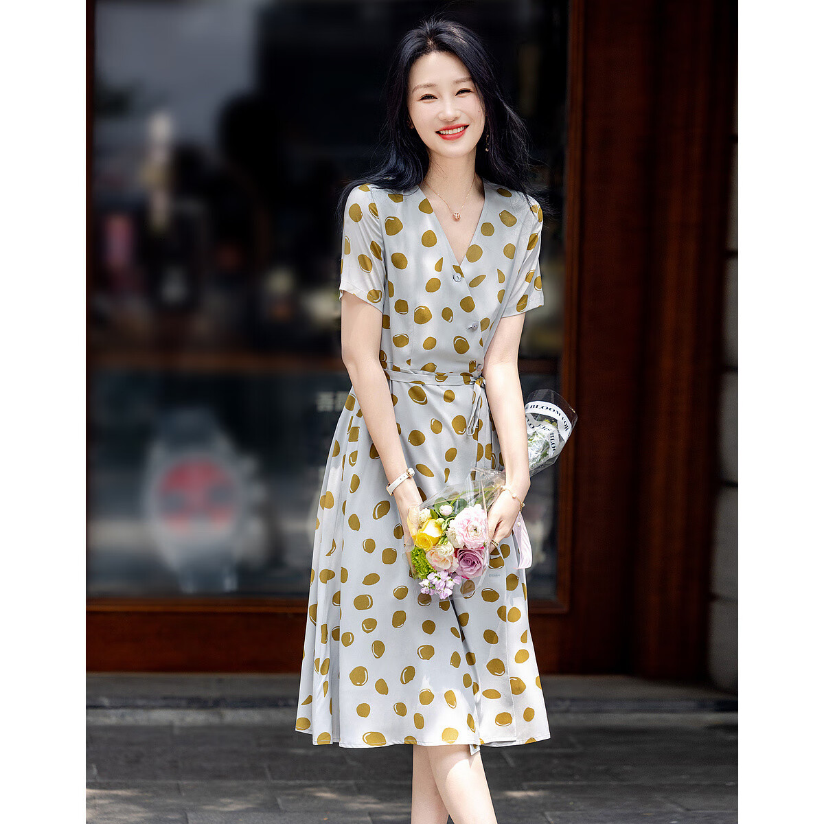 Demana [Wrap-Waist Tea Dress] Summer V-Neck Composite Silk Jacquard Yao Crepe Floral Print Maxi Dress with Button Decoration