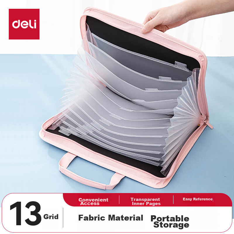 Deli A4/13-Compartment Vertical Fabric Accordion File Folder, Multi-Layer Document Organizer, Exam Paper Storage Bag, File Handbag, Document Holder, 72561 Red