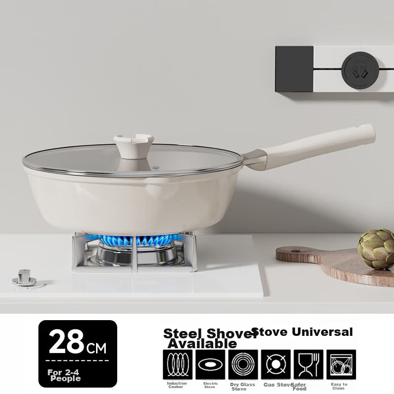 Red Kitchen Titanium Non-Stick Wok, Flat Bottom Frying Pan, Ceramic Home Steak Pan, Stir-Fry Pan for Induction And Gas Stoves, 28cm