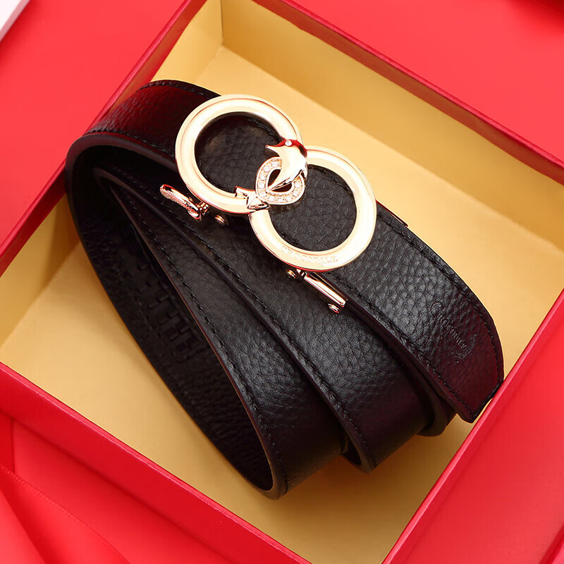 Crocodile Leather Women's Belt, Double-Ring Automatic Buckle, Simple Top-Grain Cowhide Waistband, Birthday Gift, T2909 Black