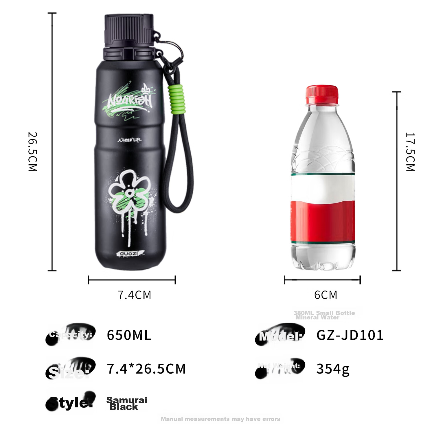 GUOZI (GUOZI) Graffiti Outdoor Sports Insulated Cup Large Capacity Car-mounted 316 Stainless Steel Men and Women Portable Cup 650ml Samurai Black