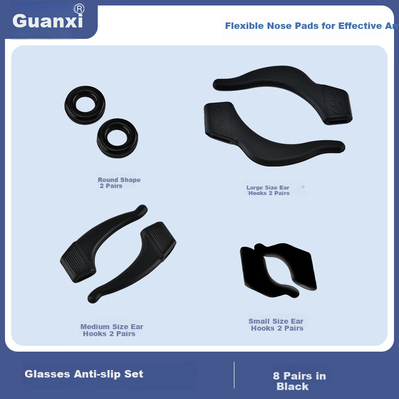 Guanxi Eyeglass Anti-Slip Silicone Ear Hooks for Preventing Glasses from Falling Off, Eyeglass Accessories Set (8 Pairs, Black)