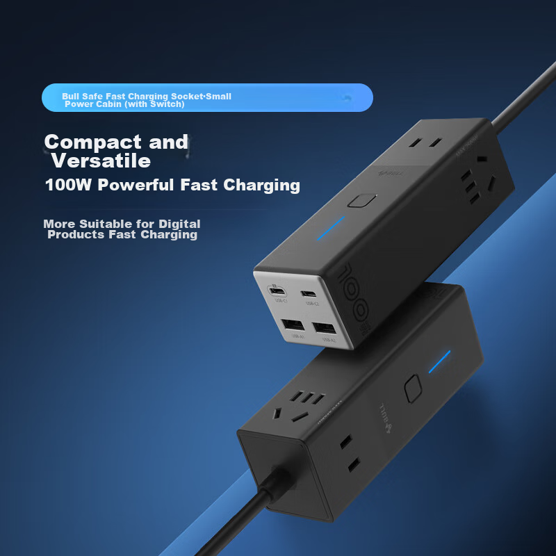 BULL 100W GaN Charger Fast Charging Laptop Socket/power Strip/extension Cord, Small Electric Cabin Safe Fast Charging, USB (2C2A) + 3 Outlets, Gray