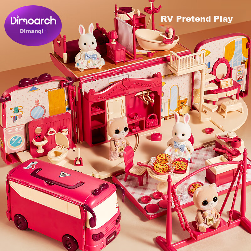 Dimoarch Children's Pretend Play Toy RV Bus Princess Bedroom Kitchen Koala Girl Doll House Villa Birthday Gift