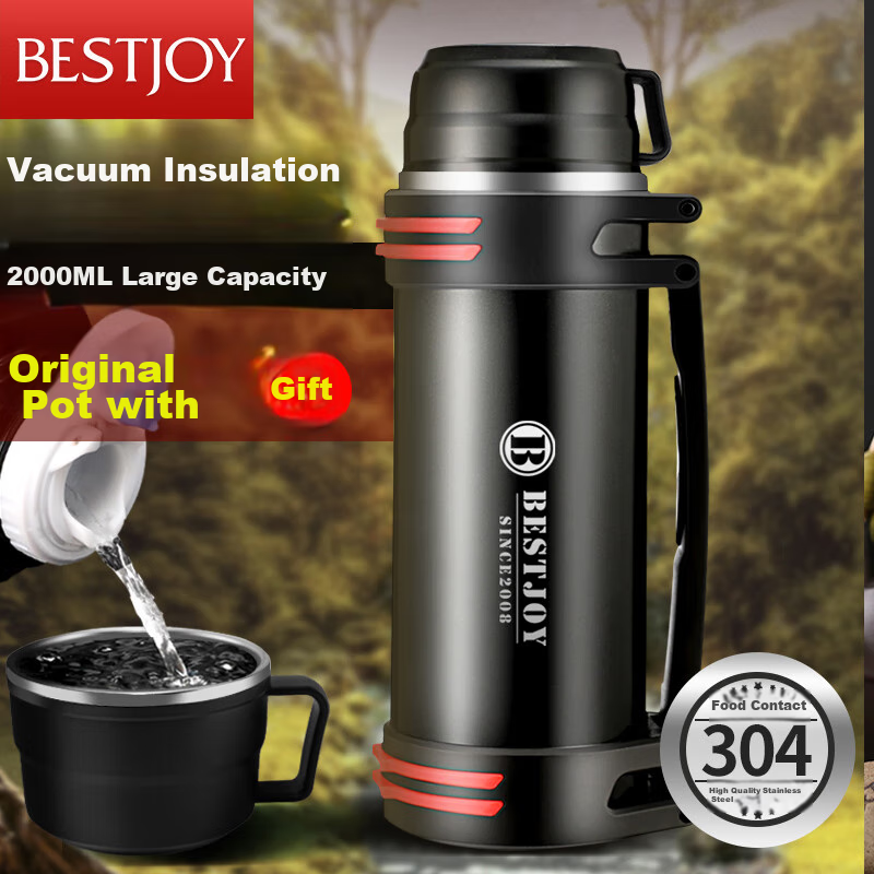 Fuguang Shixi Insulated Bottle, Large Capacity Outdoor Water Bottle for Men, Car Travel Bottle, Stainless Steel Sports Bottle 2L, Black, Home And Office Use