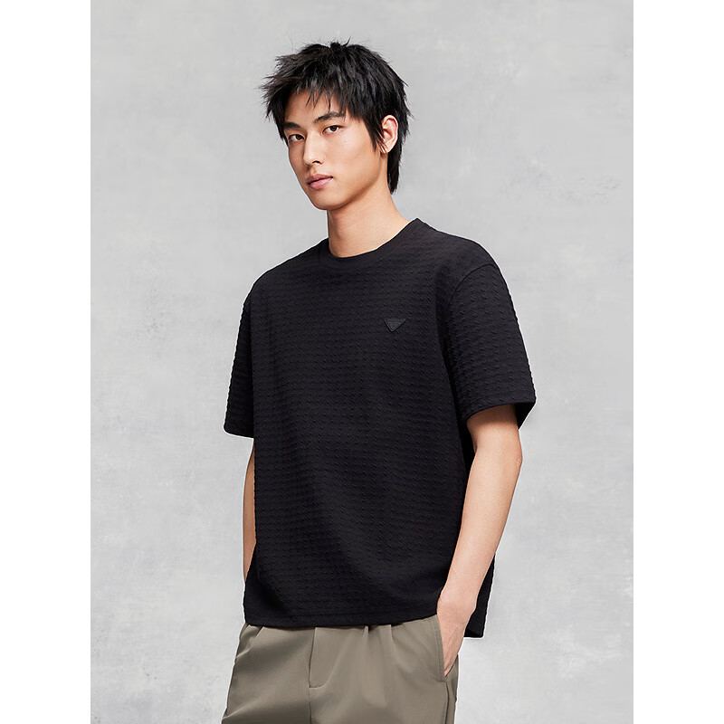 GXG Men's 310g Small Fragrance Texture Fabric Round Neck Short Sleeve T-shirt Summer 24 Black 180/XL