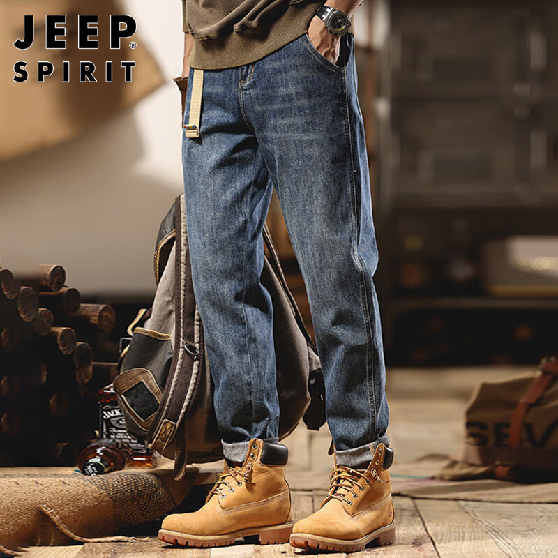 JEEP SPIRIT Men's Jeans, Spring And Summer, Loose Straight-Leg Casual Trousers, Trendy Men's Clothing, Blue, Size 32