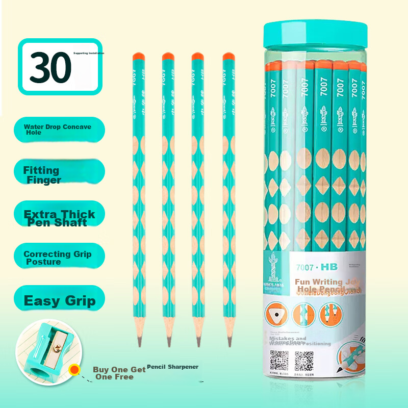 Zhonghua Coarse Barrel Large Triangular Perforated Pencil HB 30 Pieces, Elementary School Student Writing Practice Pencil, Children's Posture Correction, Triangular Wooden Shaft with Easy-Grip Tip, Ba