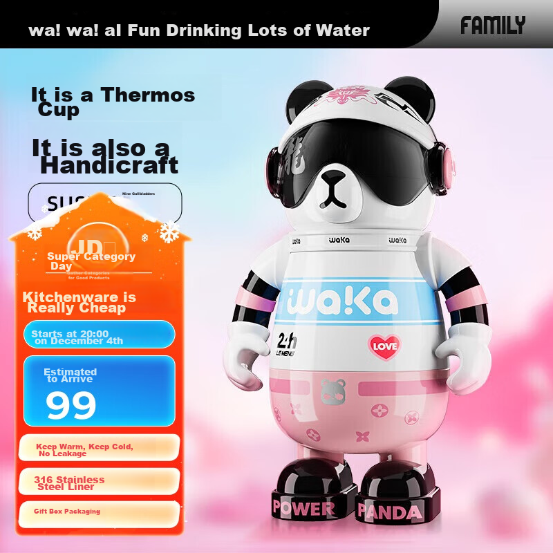 Waka Waka Panda Insulated Cup, Children's Water Bottle, 316 Stainless Steel Student Water Bottle, Gift for Women, Companion Gift, Straw Cup, Heartwarming