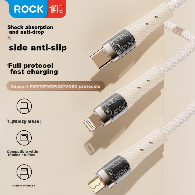 ROCK Apple 16/15 Charging Cable, Three-In Data Cable, One-To Type-C, Full Compliance PD/FCP/SCP/OC, IPhone Huawei Android 100W Fast Charging Cable, 1.5m, White