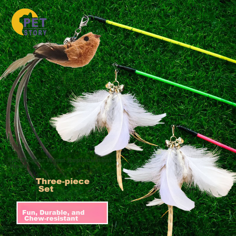 Petofstory Cat Toy Suction Cup Teaser Wand Handheld Teaser Wand with Three Replacement Heads (2 Feather + 1 Bird Head)
